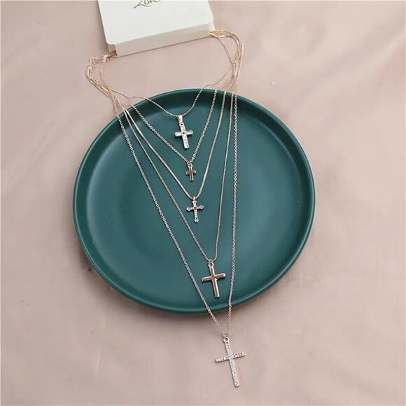 Five Layered Cross Necklace with Rhinestones - Picture 1 of 5